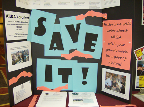 AIUSA Archives display at the regional conferences and Annual General/Human Rights Meetings. Attendees are encouraged to help reserve the AIUSA legacy by depositing all and every human rights letter, press release, government reply, and newsclip at CHRDR.